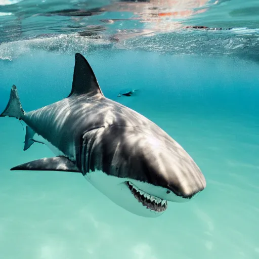 Prompt: elderly man swimming with a great white shark, smiling, happy, underwater, shark, great white, crystal clear water, adventure, canon eos r 3, f / 1. 4, iso 2 0 0, 1 / 1 6 0 s, 8 k, raw, unedited, symmetrical balance, wide angle