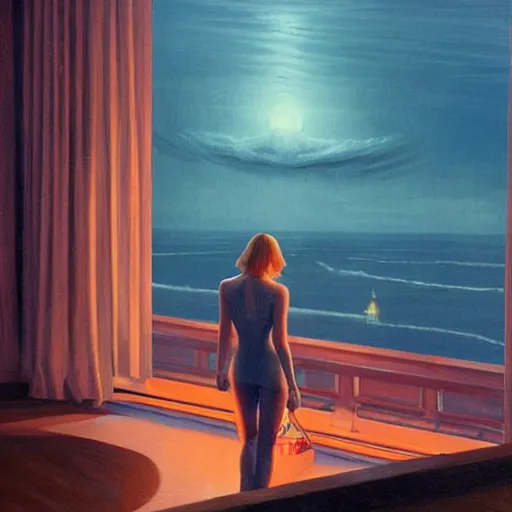 Prompt: Elle Fanning lost in the Bermuda Triangle night in the world of Edward Hopper, stormy snowy weather, extremely detailed masterpiece, oil on canvas, low-key neon lighting, artstation, Blade Runner 2049, Roger Deakin’s cinematography, by J. C. Leyendecker and Peter Paul Rubens,