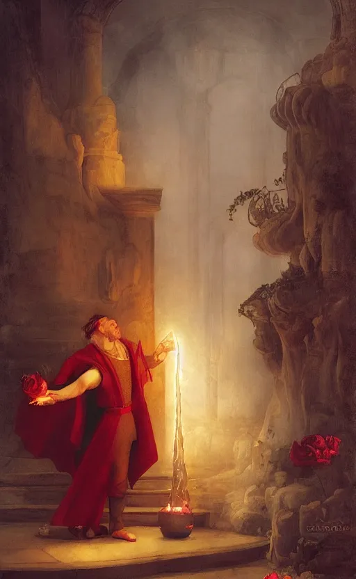 Prompt: a drunk wizard casting a rose petal bloom spell by raphael lacoste and adrian smith and delphin enjolras and daniel f. gerhartz