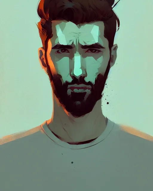 Image similar to portrait of beautiful 3 0 years old man by atey ghailan, by greg rutkowski, by greg tocchini, by james gilleard, by joe fenton, by kaethe butcher, dynamic lighting, gradient light blue, brown, blonde cream and white color scheme, grunge aesthetic