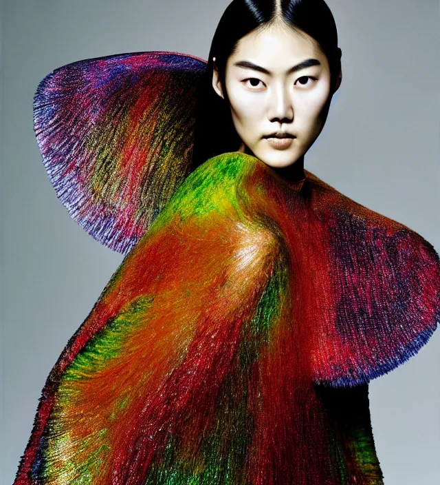 Image similar to photography facial portrait of liu wen, natural background, natural pose, wearing stunning cape by iris van herpen, with a colorfull makeup. highly detailed, skin grain detail, photography by paolo roversi, nick knight, helmut newton, avedon, araki