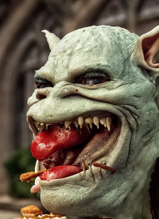 Image similar to closeup profile face portrait of a medieval goblin eating cakes in the cloisters, depth of field, zeiss lens, detailed, symmetrical, centered, fashion photoshoot, by borsch, giger, breathtaking, 8 k resolution, extremely detailed, beautiful, establishing shot, artistic, hyperrealistic, beautiful face, octane render