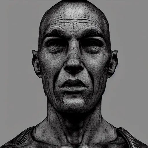 Image similar to a sculpture portrait of a man. black iron. black background. cast iron. gothic baroque. expressive eyes. symmetry. epic. ominous shapes. hyper detailed. lighting from the bottom, sharp shadows. photoreal. octane render. trending on artstation