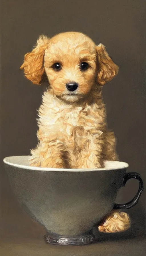 Prompt: painting of tiny goldendoodle dog in a teacup, by Peder Krøyer, dramatic lighting, golden hour, adorable, intricate detail, canvas print