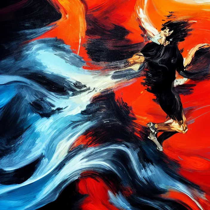 Image similar to a thin, athletic man's body explodes in abstract, thick flowing dramatic brush strokes, strong wind, black background, matte colors, impressionist, extreme motion, trending on artstation