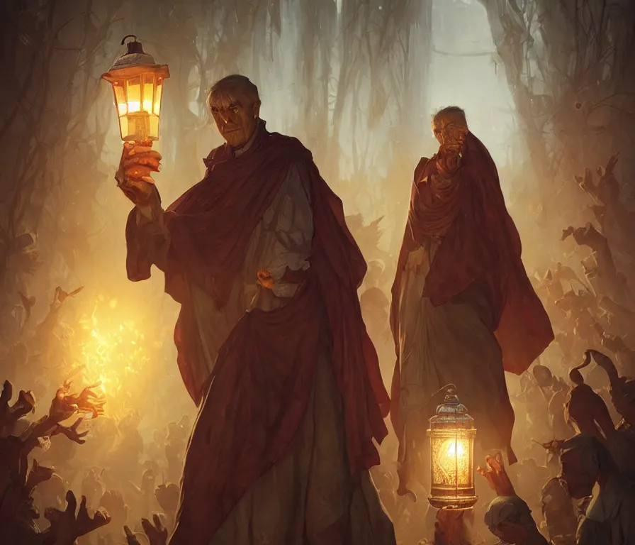 Image similar to male senior cleric holding a lantern surrounded by zombies, highly detailed, digital painting, artstation, concept art, smooth, sharp focus, illustration, art by artgerm and greg rutkowski and alphonse mucha and andrei riabovitchev