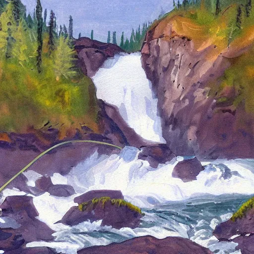 Image similar to tardigrade fishing for salmon at Brooks Falls in Alaska, landscape painting by Moran and George Caitlin