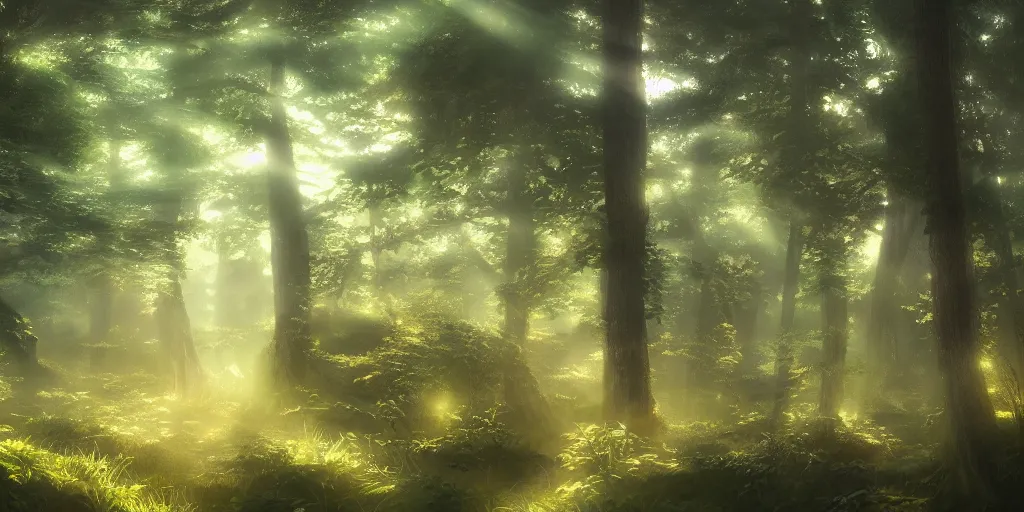 Prompt: a forest, cinematic angle, studio Ghibli, volumetric lighting, breathtaking, beautiful composition, intricate, elegant, digital art, detailed, oil painting, hyperrealistic, sharp focus, 8k