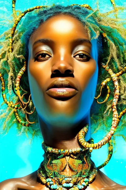 Image similar to hyperrealistic wide shot of very expressive! translucent!! african goddess, cinematic underwater scene with fish and algae, gold jewerly, highly detailed face, digital art masterpiece, eric zener cam de leon, dramatic pearlescent turquoise light on one side, low angle uhd 8 k, shallow depth of field