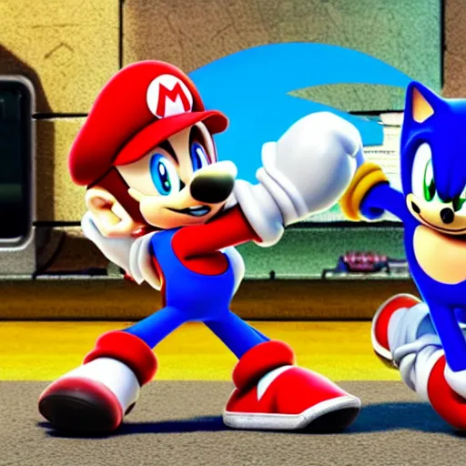 Prompt: sonic and mario playing street fighter