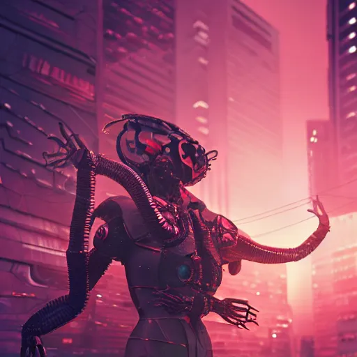 Image similar to a cyberpunk shrimp god villain, studio, studio background, sharp focus, dynamic lights, still, photograph, hyper realistic, masterpiece, digital, octane render, rendered, 3 d, blender, 3 d software, cinematic, cinematic lighting, dramatic lighting, dramatic