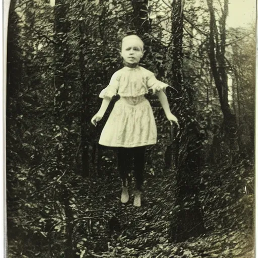 Image similar to Polaroid photo of Victorian child floating three feet above the ground in a thick forest