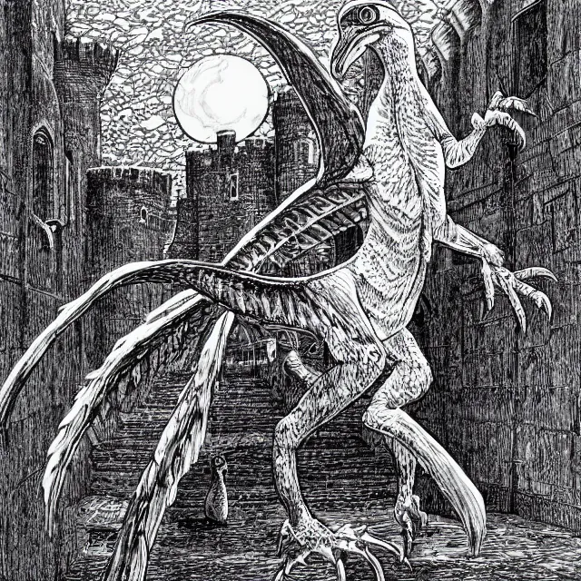 Prompt: a feathered velociraptor, full body, in a castle courtyard, pen-and-ink illustration, etching, by Russ Nicholson, DAvid A Trampier, larry elmore, 1981, HQ scan, intricate details