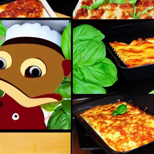 Image similar to cute platypus wearing a chef hat and holding a lasagna with three basil leaves over the lasagna, pixar style, ultradetailed, 3 d