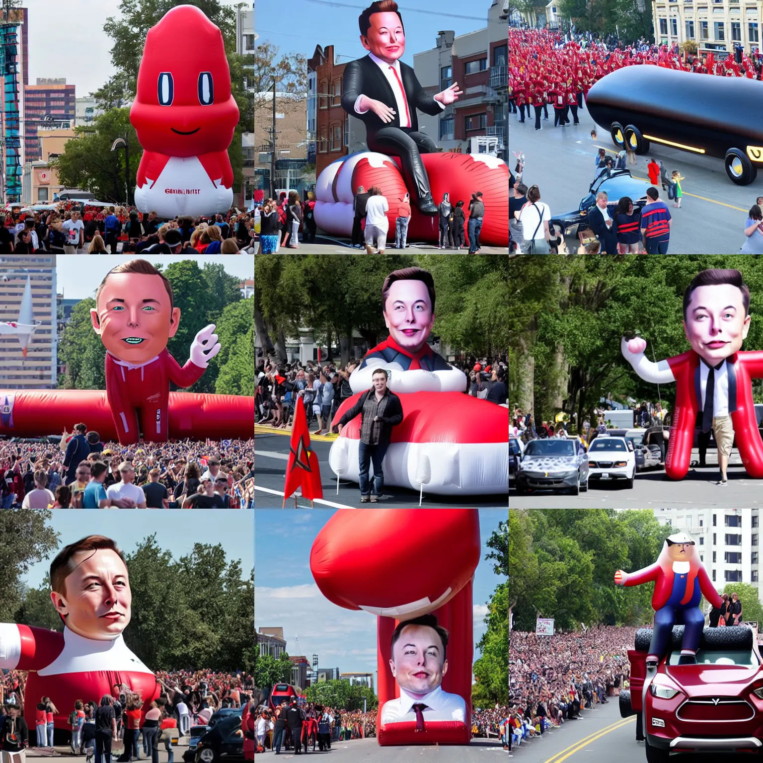 Prompt: a giant inflatable elon musk in a parade