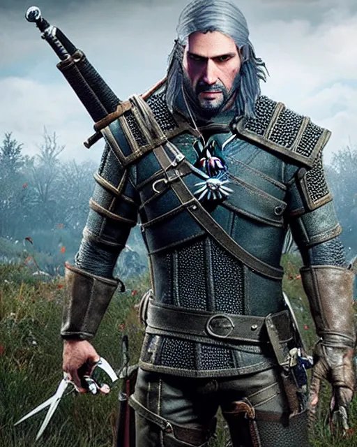 Image similar to Keanu Reevez in the role of Witcher III Gerald of Rivia, amazing short, 8K, IMAX, ultra detailed