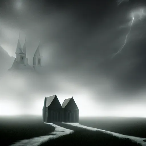 Prompt: ghotic haunted church, thunderstorm, scary ambiance, fog, cinematic, unreal engine