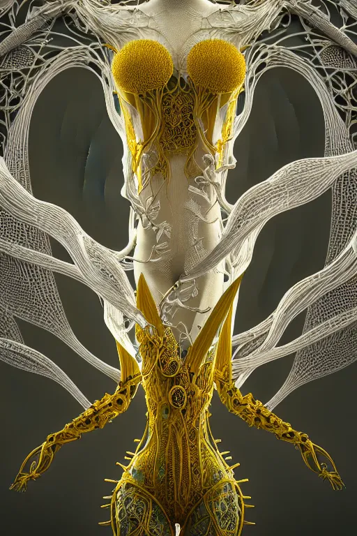 Prompt: intricate hyper detailed ultra sharp 3 d render, unity of mood, biomechanical cyborg ladies dancing, atmospheric, foliage, white large pore fungi, cyberpunk art nouveau, haute couture alexander mcqueen leaves stems dahlia blooming transparent fractal filigree roots, intricate details, octane render, volumetric cinematic lighting, natural beautiful light, yellow infrared, lumiol, 8 k,