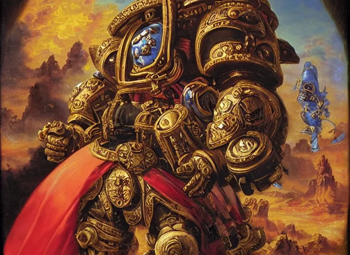 Prompt: rococo! baroque! rococo baroque! painting portrait of space-marine ((warhammer 40k)) Greg hildebrandt high detail ornate fancy cake