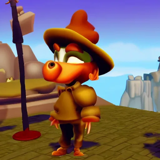 Prompt: screenshot of a humanoid inspector badger with a brown trenchcoat as an npc in spyro the dragon video game, with playstation 1 graphics, activision blizzard, upscaled to high resolution