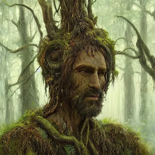 Image similar to A portait of an ancient druid made of bark, he live hidden in the vegetation of a forgotten forest, highly detailed painting, by Artgerm and Raphael Lacoste