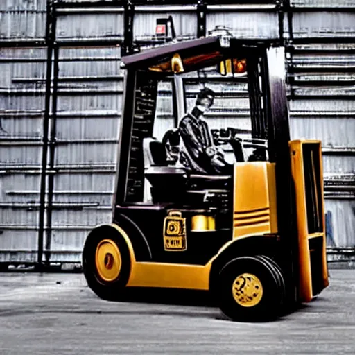 Image similar to photograph of steampunk forklift going downtown