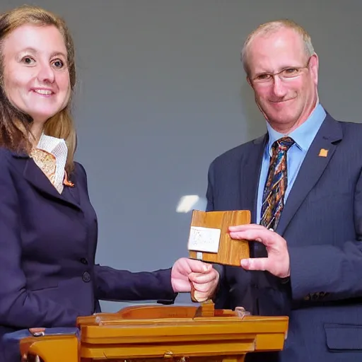 Image similar to photo of a mayor handing the key to the town hall to a giant rat