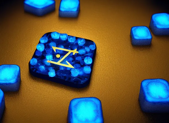 Image similar to square magic golden computer chip with runes and a glowing blue crystal in the center, mana flowing around it, product photo, hyperrealism, octane render, trending on artstation, unreal engine 5, 4 k, 8 k