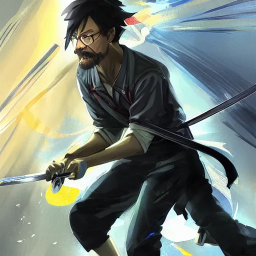 Prompt: advanced digital anime art, Walter White wielding a katana , painted by RossDraws in the style of Makoto Shinkai, ,cyberpunk, very high detail, medium sensor , Gaussian blur, f/15 , 35mm —W 1920 —H 1080