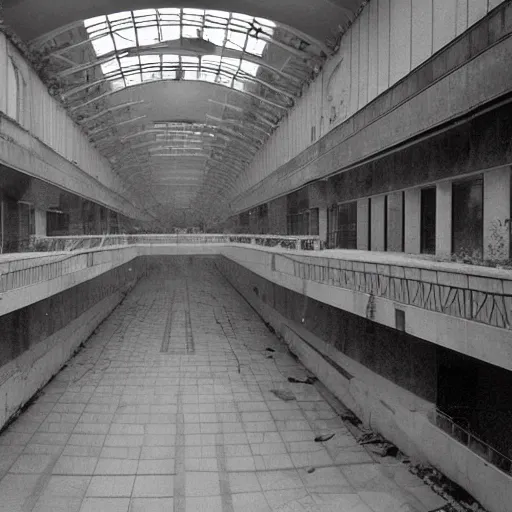 Image similar to abandoned super Mall in the post soviet era, MC Escher, destroyed, foggy weather, dark, uncanny