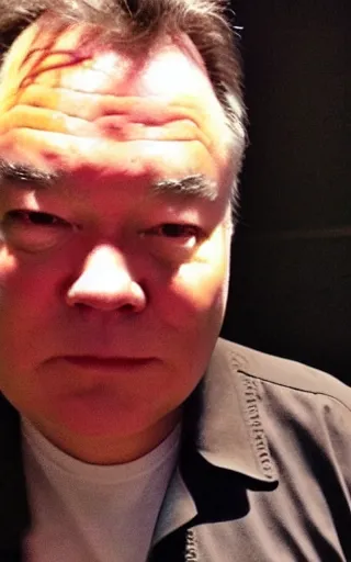 Image similar to Stewart Lee wearing Mongolian armor, high angle, iPhone selfie