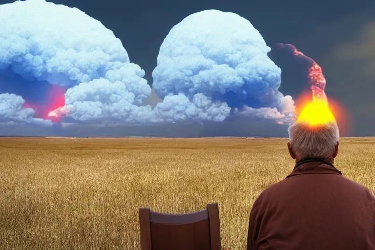 Prompt: old man watching a nuclear explosion, 4k