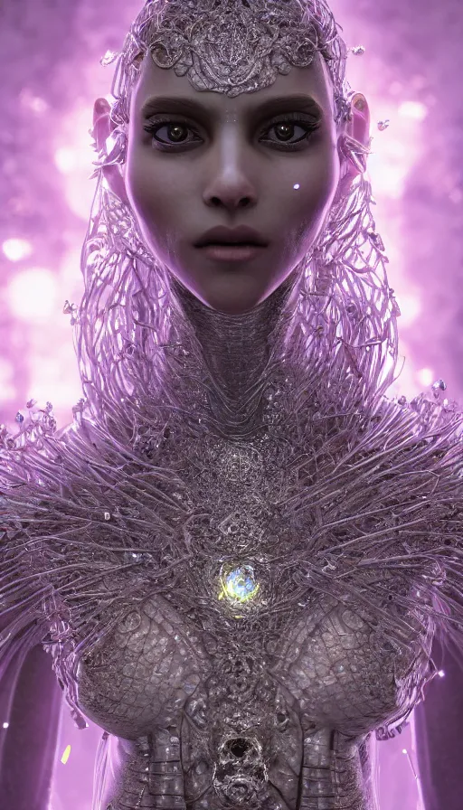 Image similar to full body detailed, ethereal, biomechanical, covered in diamonds and other gems glowing, highly detailed face, elegant posed, intricate, extremy detailed, beeple, cgsociety, 3 d unreal engine octane render. cinematic lighting, highly detailed 4 k art