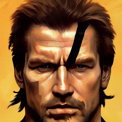 Image similar to Painting of Arnnold Schwarzenegger as Metal Gear Solid character Solid Snake. Art by william adolphe bouguereau. During golden hour. Extremely detailed. Beautiful. 4K. Award winning.