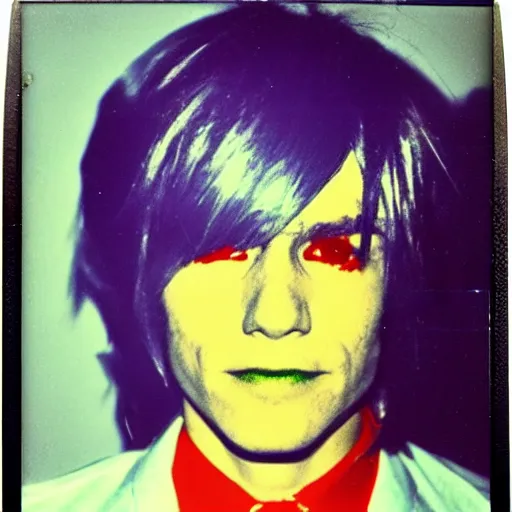 Image similar to Polaroid Portrait of Andy Warhol doing anime cosplay, taken in the 1970s, photo taken on a 1970s polaroid camera, grainy, real life, hyperrealistic, ultra realistic, realistic, highly detailed, epic, HD quality, 8k resolution, body and headshot, film still, front facing, front view, headshot and bodyshot, detailed face, very detailed face