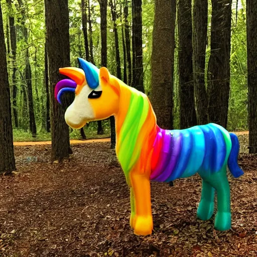 Prompt: a rainbow colored unicorn in the woods