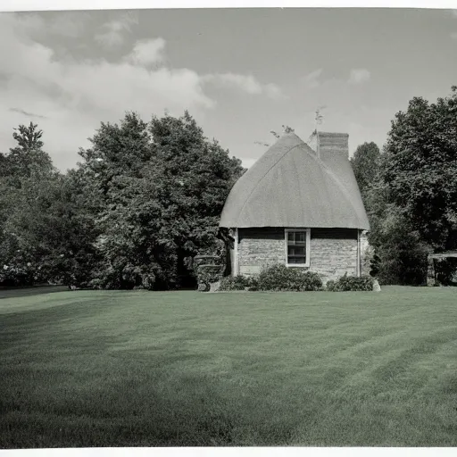 Prompt: A Photograph of a beautiful cottage, with a lush grass lawn, featuring a tree in the style of Ansel Adams