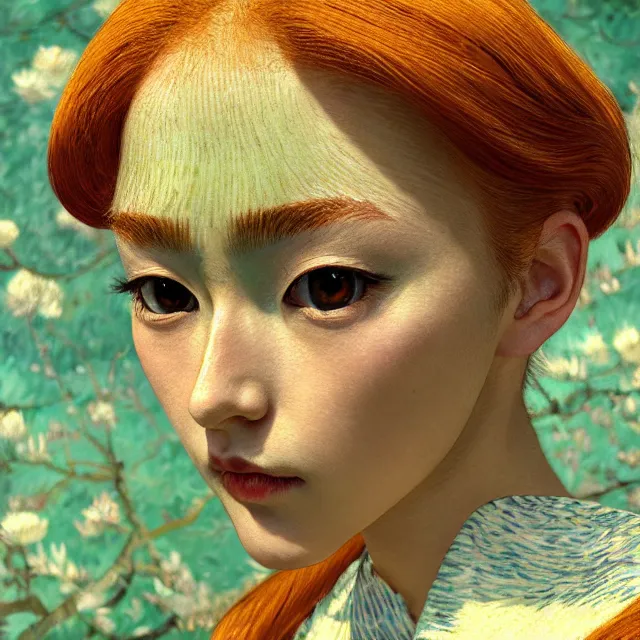 Image similar to perfectly centered close up portrait, anime goddess, candid photography, by vincent van gogh, highly detailed, character concept, unreal engine 5