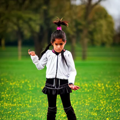 Prompt: a seven years old latin girl plays on a great green meadow, she wears a black jacket, jeans and black boots, she has two ponytails, photo taken by a nikon, highly detailed, sharp focus