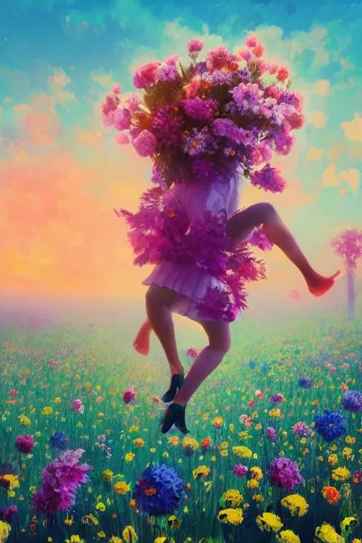 Prompt: closeup, giant flowers head, girl in suit jumping in a field of flowers, surreal photography, sunrise, blue sky, dramatic light, impressionist painting, digital painting, artstation, simon stalenhag