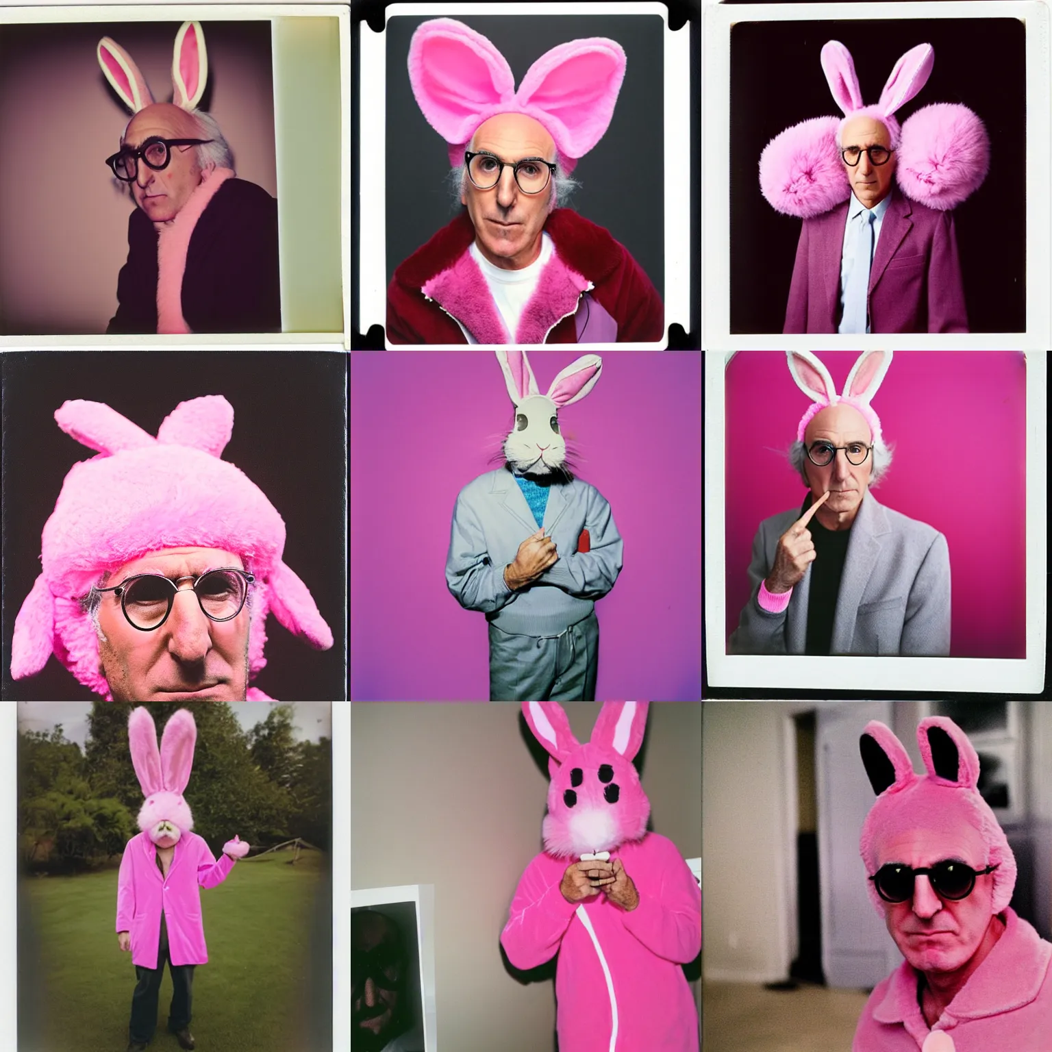 Prompt: polaroid photograph, Larry David wearing a pink rabbit costume looking fed up