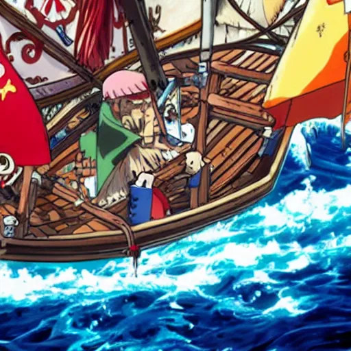 Image similar to emmanuel macron in a pirate boat, in One Piece Anime Series, 4k Resolution.