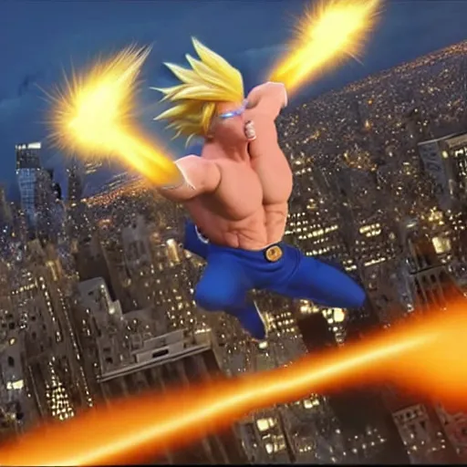 Image similar to photorealistic of an hyper realistic super sayan trump flying in the sky and prepare a kamehameha above new york city. accurate and high details on trump's face. intricate, highly detailed, unreal engine 5.