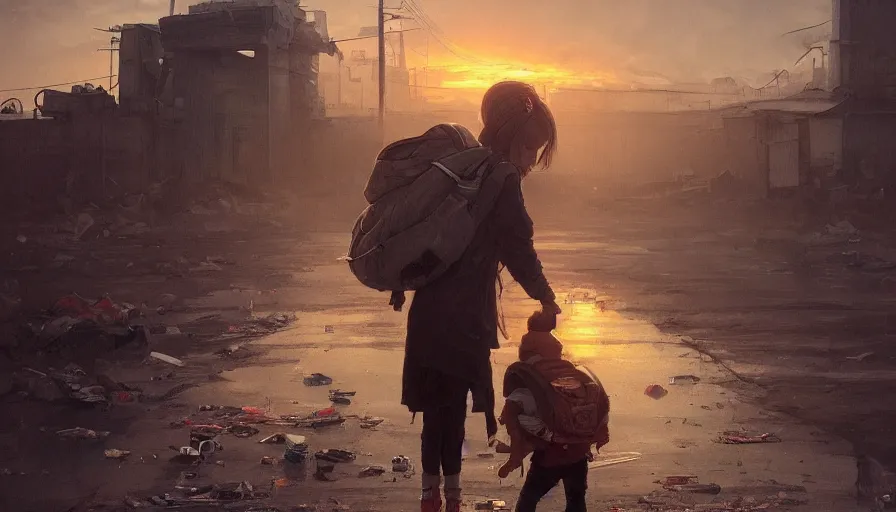 Image similar to poor detailed child with backpack standing at cars looking for food at garbage dump, destroyed cars, city is pure wasteland, moody sunset in background, greg rutkowski, alphonse mucha, trending on artstation, artgerm, unreal engine, breathtaking, award winning, highly detailed