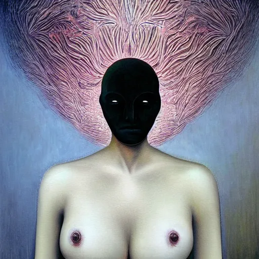 Image similar to dramatic portrait painting of woman with black mandelbrot fractal instead of face, in style of zdzisław beksinski, horror, body horror, dark, disturbing,
