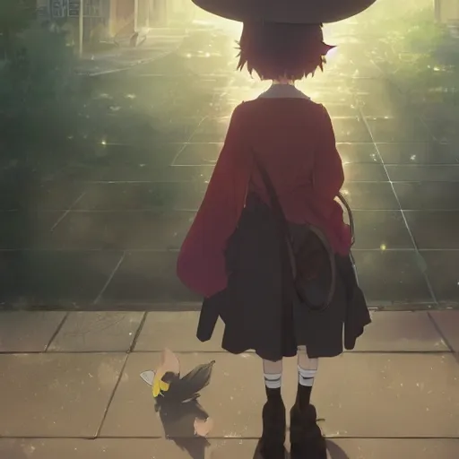 Prompt: anime key visual of a little witch waiting in a bus stop, cinematic lighting, dramatic atmosphere, by dustin nguyen, akihiko yoshida, greg tocchini, greg rutkowski, cliff chiang, 4 k resolution