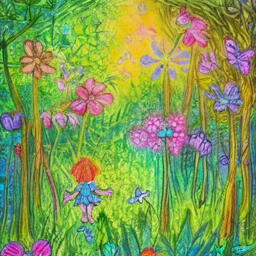 Image similar to tiny fairies playing hide and seek in a dense floral forest, green, colourful, playful, drawing, impressionism