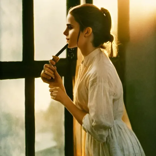 Prompt: Photograph of Emma Watson holding a tobacco pipe by the window. Golden hour, dramatic lighting. Medium shot. CineStill