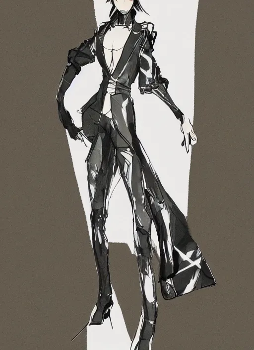 Image similar to a yoji shinkawa sketch of a girl with long legs wearing a one piece outfit and a black coat inspired by a puffy japanese kimono designed by balenciaga