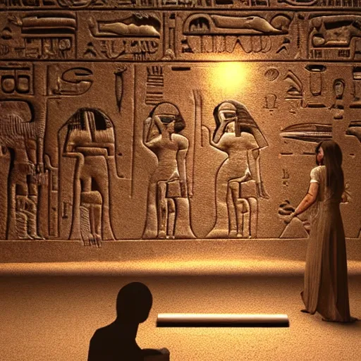 Prompt: realistic render of monsters looking at hieroglyphs, cinematic lighting